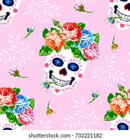 Seamless pattern with skull and rose. Floral skull background