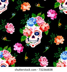 Seamless pattern with skull and rose. Floral skull background