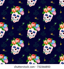 Seamless pattern with skull and rose. Floral skull background