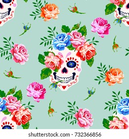 Seamless pattern with skull and rose. Floral skull background