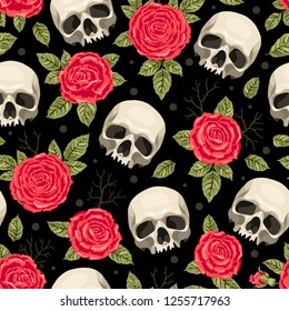 Seamless pattern and skull   roses  Freehand drawing