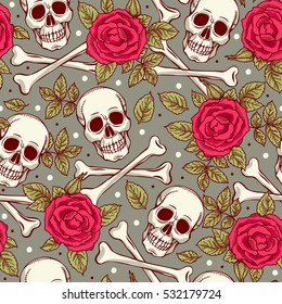 Seamless pattern with skull and roses. Freehand drawing