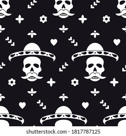 Seamless pattern with skull in sombrero and decorative elements. Dia de los muertos - mexican holiday Day of the dead. Vector illustration.