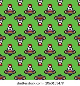 Seamless pattern with a skull in a sombrero hat. A pattern with sugar skulls.. Background for Halloween and the Day of the Dead. Vector illustration