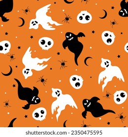 Seamless pattern with skull, spider, scull, moon, ghosts and stars. Vector Halloween background in flat style. Doodle style. For textiles, clothing