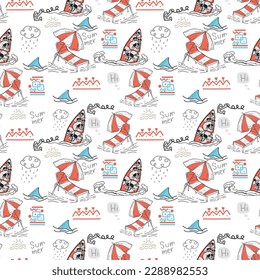 Seamless pattern with skull  summer surfboards, tote on  clothes  symbol wild, cute, drawing canvas, umbrellas, sea and sharks white background .