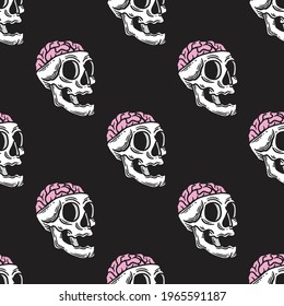 seamless pattern of a skull visible brain on black background