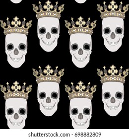 Seamless Pattern with Skull wearing golden crown black background.