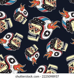 Seamless pattern of a skull wearing a motorcycle helmet. For boys t shirt.