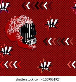Seamless pattern with skull, white flowers , dots
