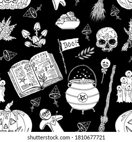 Seamless pattern and skull  witch cauldron  mushrooms  voodoo doll   magic objects black  Mystic background for Halloween  esoteric  gothic   occult concept