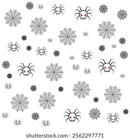 Seamless Pattern of Skull-Head Spider and spider web Vector Illustration with Red Eyes 