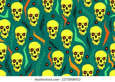 Seamless pattern with skulls and abstract elements. Colorful and bright pattern. Yellow skulls with evil facial expressions on a dark background. Hand drawn. Vector illustration.