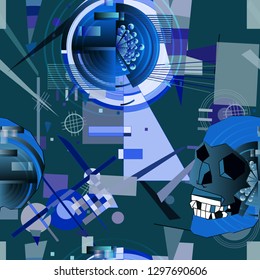 Seamless pattern with skulls. Abstract modern graphic elements. Dynamical blue forms. Gradient 3d abstract illustration with bright shapes and lines. Vector illustration of a style of supermatism