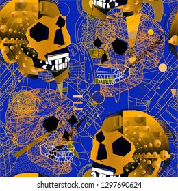 Seamless pattern with skulls.  Abstract modern graphic elements. Dynamical yellow colored forms. Gradient 3d abstract illustration with bright shapes and lines