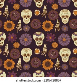 Seamless pattern with skulls and autumn flowers on purple background. Hand drawn Halloween vector texture. Repeating pattern with bones and sunflowers.