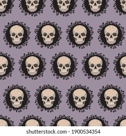 Seamless pattern with skulls and black roses. Print on fabric and wrapping paper.