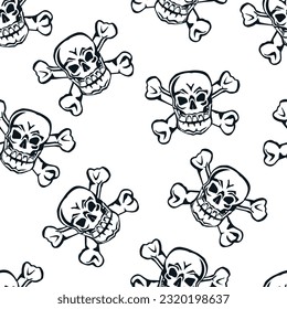 Nahtloses Muster mit Skullen, schwarz-weißer grafischer Vektorgrafik auf weißem Hintergrund. Halloween nahtloses Muster mit Schädeln.