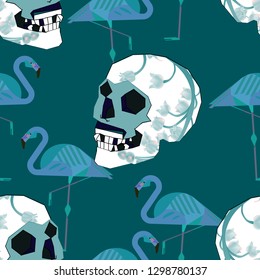 
Seamless pattern with skulls, 
blue flamingo, can be used as cool print for clothes. Creative pop art poster  
