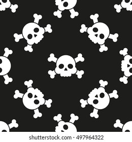 Seamless pattern with skulls and bones. Skulls and crossbones isolated on black background. Pirate seamless pattern. Halloween background