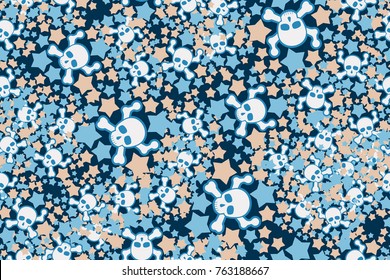 Seamless pattern. Skulls, bones and five-pointed stars. Five colors.