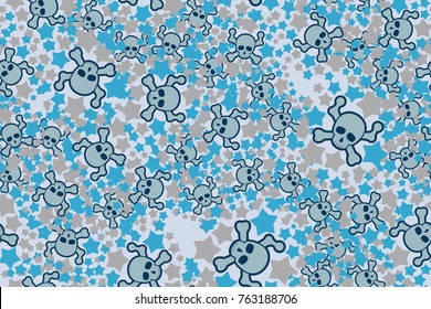 Seamless pattern. Skulls, bones and five-pointed stars. Five colors.