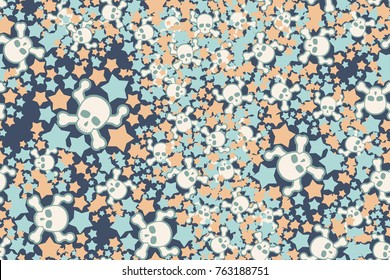 Seamless pattern. Skulls, bones and five-pointed stars. Five colors.