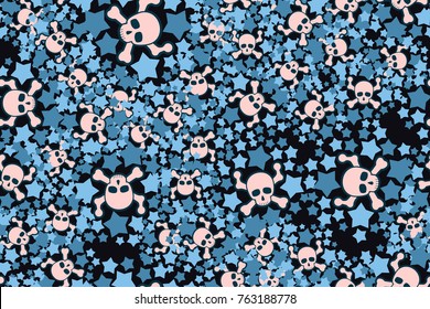 Seamless pattern. Skulls, bones and five-pointed stars. Five colors.