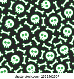 seamless pattern of skulls and bones with green outline shadows on black background