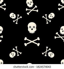 Seamless pattern with skulls and bones. Halloween design on black background.