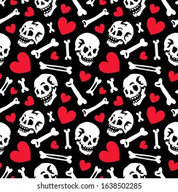 Seamless pattern. Skulls, bones and hearts. Romantic gothic ornament. Greeting card for Valentine's Day. Also great for Halloween.