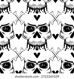 Patrón sin fisuras con cráneos, huesos y corazones. Blanco y negro. Fondo de Halloween. Ilustración vectorial.