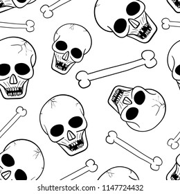 Seamless pattern of skulls and bones on a light background. Vector cartoon image on theme Halloween.