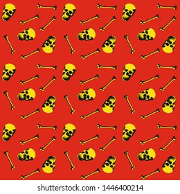 seamless pattern with skulls and bones on red background.