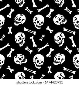 Seamless pattern. Skulls and bones on a black background. Human skeleton. For greeting cards, invitations, for printing on T-shirts and more. Happy Halloween!