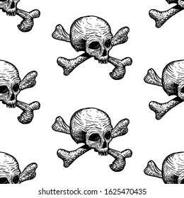 Seamless pattern with skulls and bones on a white background. Vector hand drawing illustration