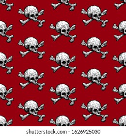 Seamless pattern with skulls and bones on a red background. Vector hand drawing illustration
