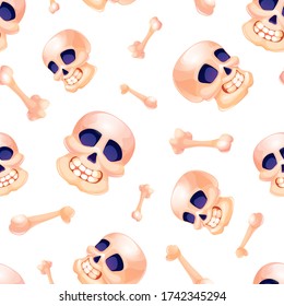 Seamless pattern with skulls and bones on white background. Vector illustration, cartoon style