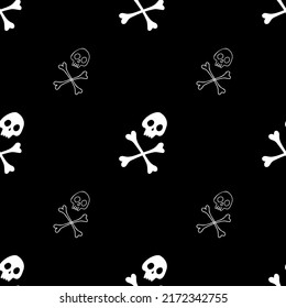 Seamless pattern with skulls and bones on a black background. Halloween backdrop.