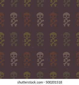 Seamless pattern with skulls and bones on dark brown background