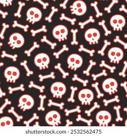 seamless pattern of skulls and bones with red outline shadows on black background