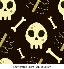 Seamless Pattern with Skulls and bones.Template for wallpaper, brand, clothing, background, label, cover, business and package. Vector illustration.