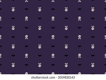 Seamless pattern with skulls, crossbones and bats on purple background. Fashion print for kids party, holiday, halloween, textile and design