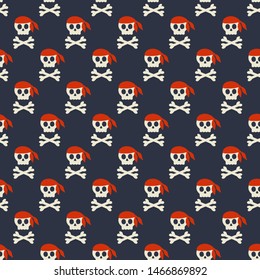 Seamless pattern with skulls and crossbones in red pirate scarf on white background.
