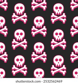 seamless pattern of skulls and crossbones in white with pink shadows on a black background