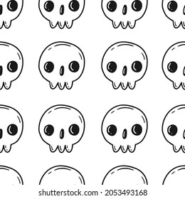 Seamless pattern with skulls in cute cartoon doodle style on a white background. Vector illustration.
