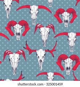 Seamless pattern with skulls of deer, bull, goat and sheep. Line drawing of skulls. Mystical background for your design.