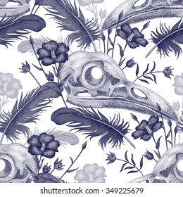 Seamless pattern with skulls, feathers and flowers. Decorative composition on the theme of death in white and black.