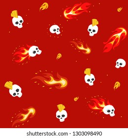 Seamless pattern with skulls and flame. Rock music style. Vector illustration