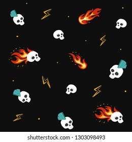 Seamless pattern with skulls and flame. Rock music style. Vector illustration